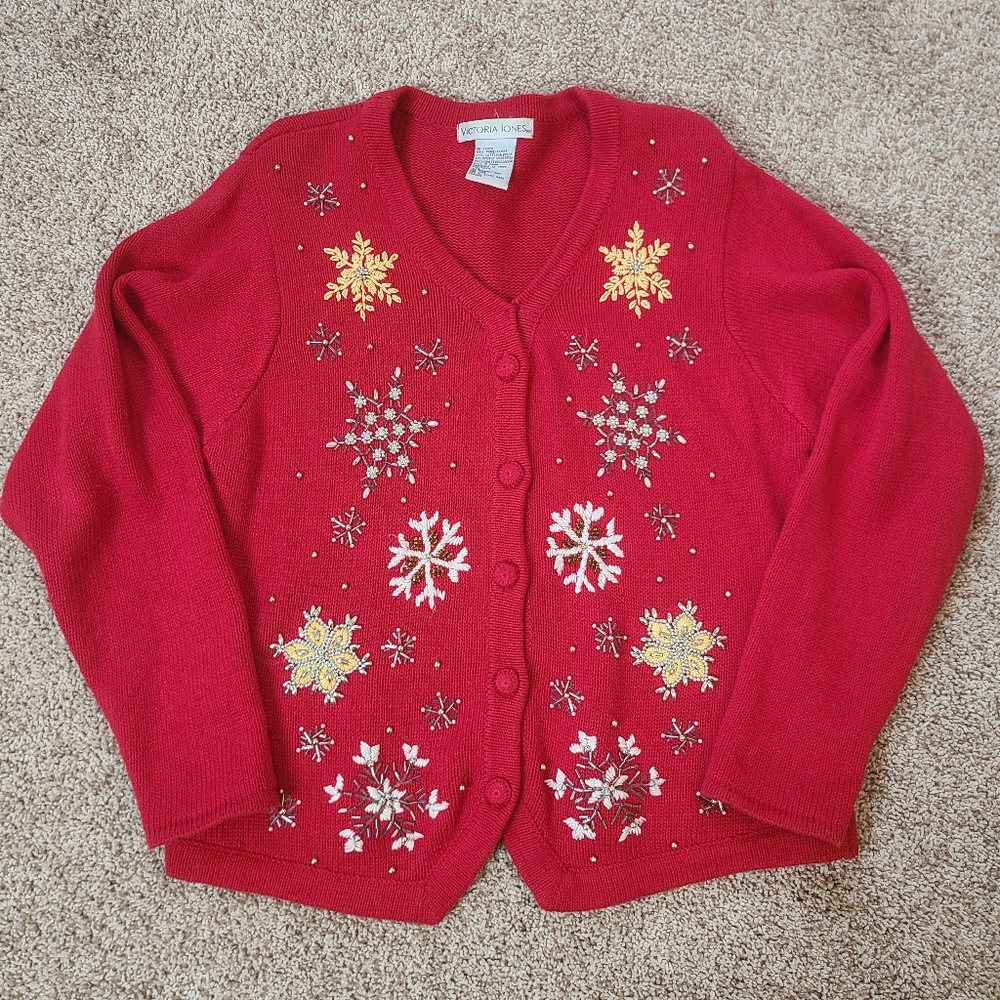 Vintage Embellished Snowflake Christmas Cardigan Sweater Red Silver Gold Ramie